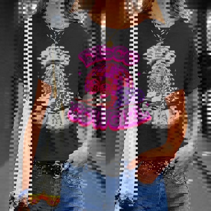 Disco Pink Cowgirl Hat & Boot Rodeo Western Country Southern Rodeo Funny Gifts Unisex T-Shirt Gifts for Her
