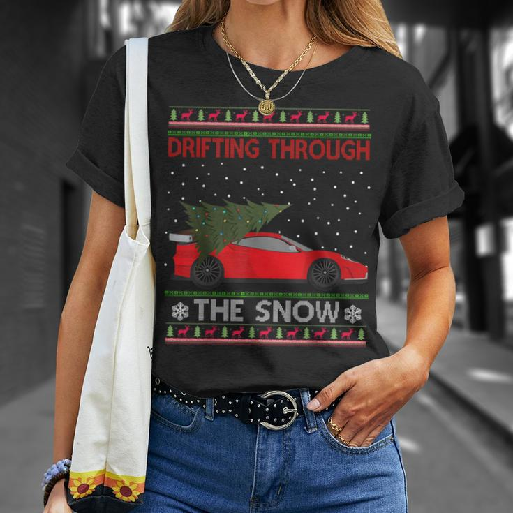 Drifting Through The Snow Ugly Christmas Sweater Tree Car T-Shirt Gifts for Her