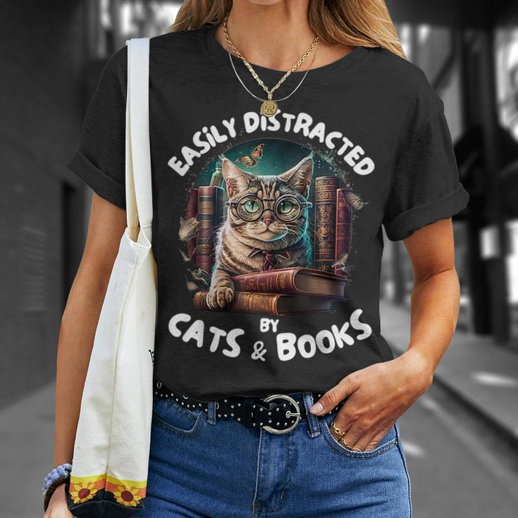 Easily Distracted By Cats And Books Librarians Bibliophiles Unisex T-Shirt Gifts for Her