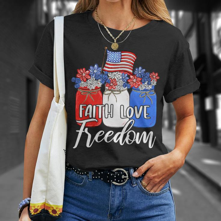 Faith Love Freedom American Flag Mason Jar Christian Unisex T-Shirt Gifts for Her