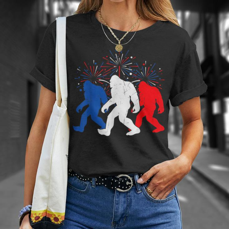 Funny 4Th Of July Red White Blue Bigfoot Fireworks Usa Flag Unisex T-Shirt Gifts for Her