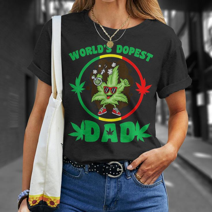 Funny Fathers Day Worlds Dopest Dad Cannabis Marijuana Weed Unisex T-Shirt Gifts for Her