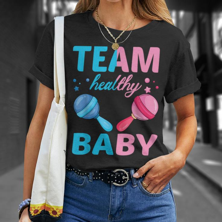Funny Gender Reveal Of Team Healthy Baby Party Supplies Unisex T-Shirt Gifts for Her