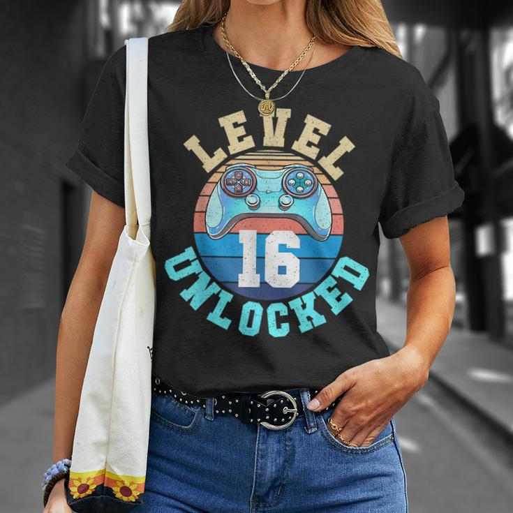 Gamer Boy Level 16 Unlocked Video Game 16Th Birthday Funny Birthday Gifts Unisex T-Shirt Gifts for Her