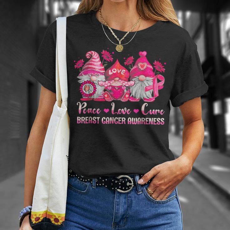 Gnome Peace Love Cure Pink Ribbon Breast Cancer Awareness T-Shirt Gifts for Her