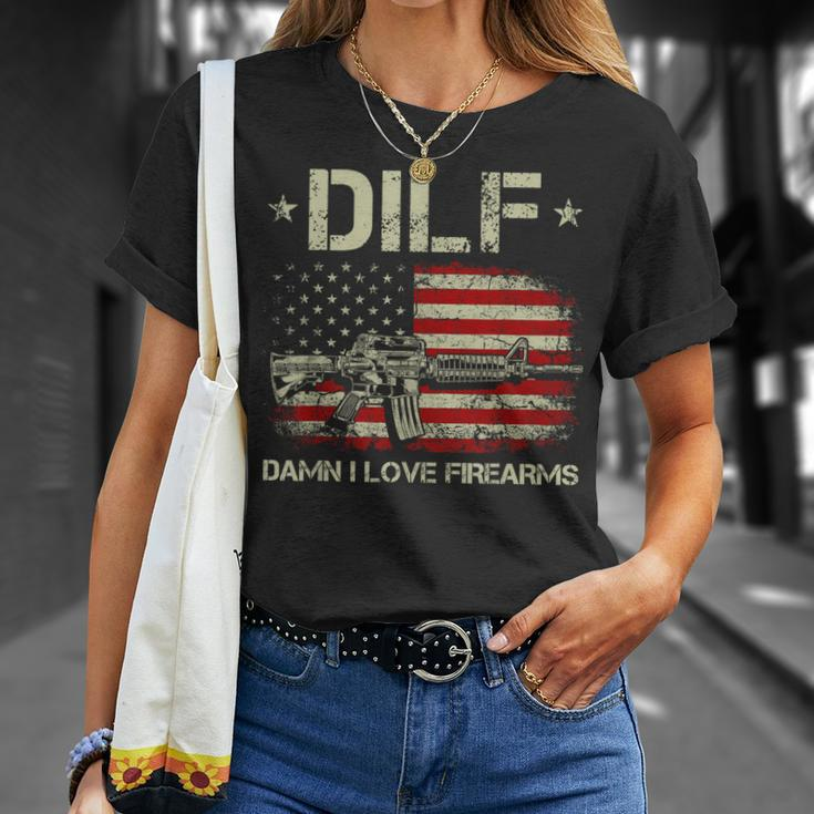 Gun American Flag Dilf - Damn I Love Firearms Unisex T-Shirt Gifts for Her
