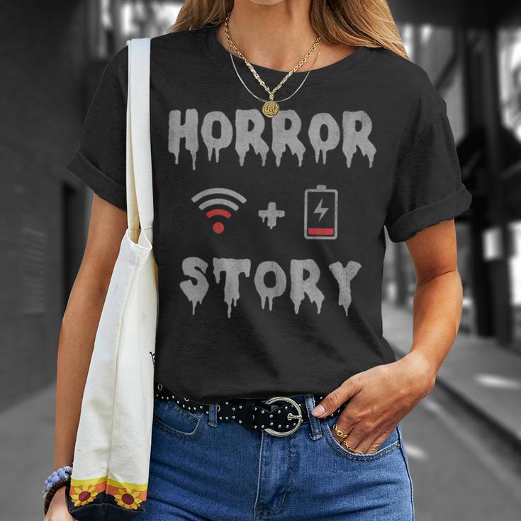 https://i3.cloudfable.net/styles/735x735/8.169/Black/halloween-horror-story-low-battery-no-wifi-t-shirt-20230818140434-toqu05oe.jpg