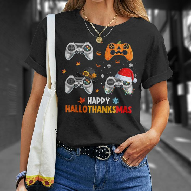 Happy Hallothanksmas Video Game Halloween Thanksgiving Xmas T-Shirt Gifts for Her