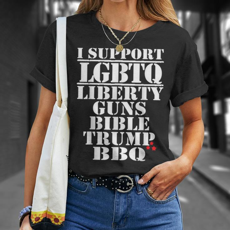 I Support Lgbtq Liberty Guns Bible Trump Bbq Funny Unisex T-Shirt Gifts for Her