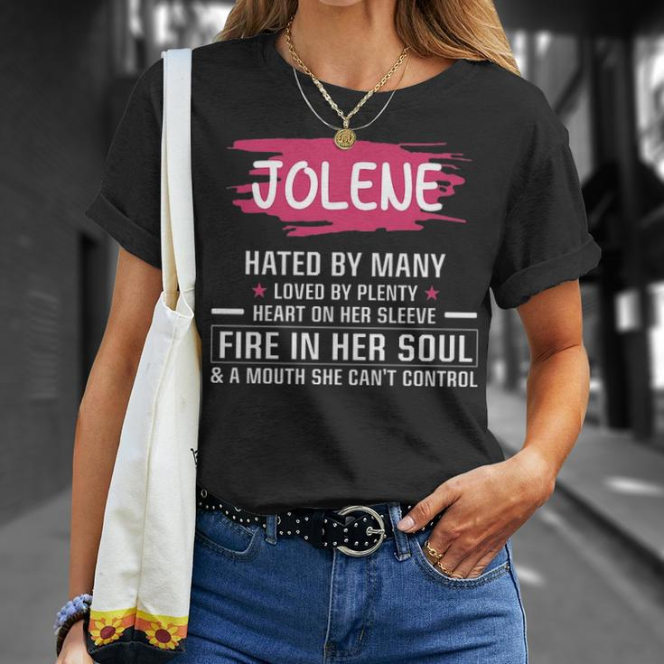 Jolene Name Gift Jolene Hated By Many Loved By Plenty Heart On Her Sleeve Unisex T-Shirt Gifts for Her