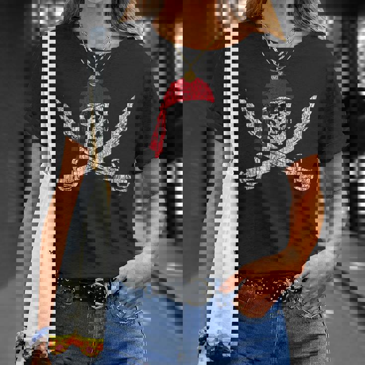 Jolly Roger Pirate Skull And Cutlasses Flag Distressed T-Shirt Gifts for Her