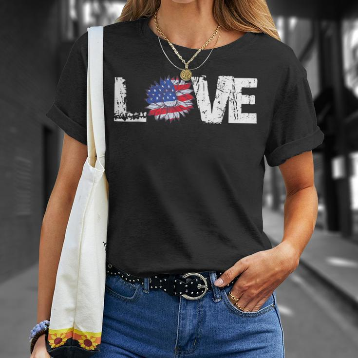 Love American Flag Sunflower 4Th Of July Patriotic Usa Day Unisex T-Shirt Gifts for Her