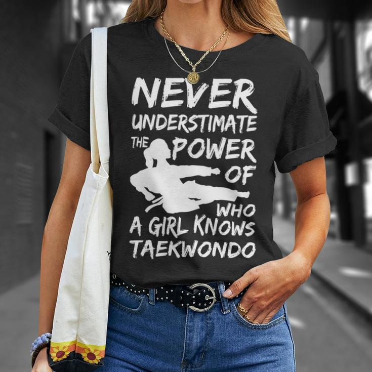 Never Underestimate A Girl Who Knows Taekwondo Funny Gift Unisex T-Shirt Gifts for Her