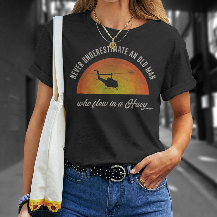 Never Underestimate Old Huey Helicopter Pilot Sunset Vietnam Pilot Funny Gifts Unisex T-Shirt Gifts for Her
