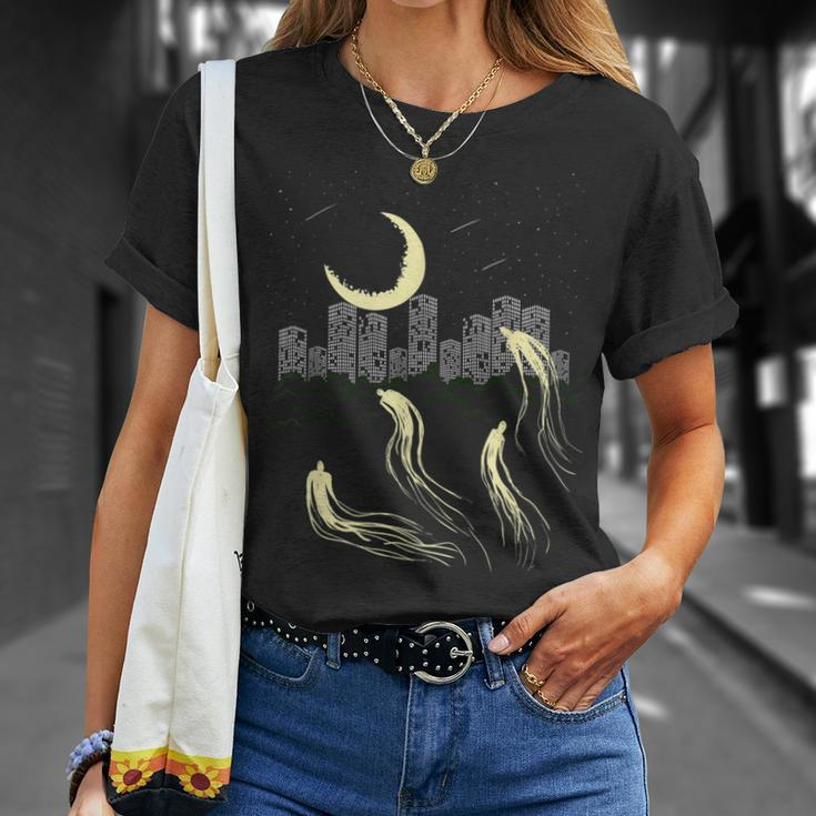 Night Sky Moon Star Building Ghost City Galaxy Horror Ghost T-Shirt Gifts for Her