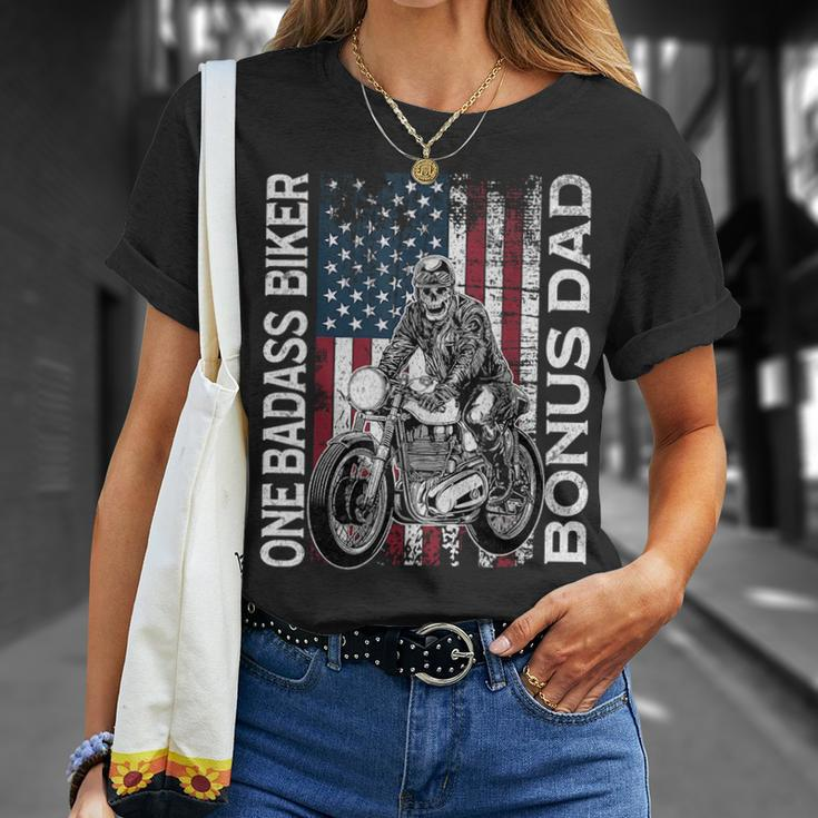 One Badass Biker Bonus Dad Grunge American Flag Skeleton Funny Gifts For Dad Unisex T-Shirt Gifts for Her