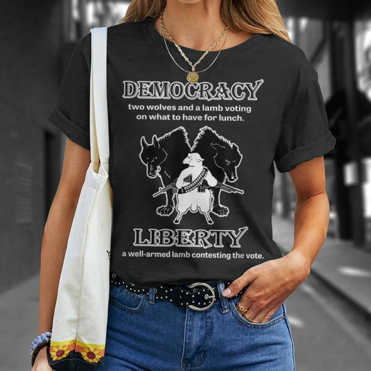 Political Liberty Vs Democracy Lamb Two Wolves Novelty Gift Unisex T-Shirt Gifts for Her
