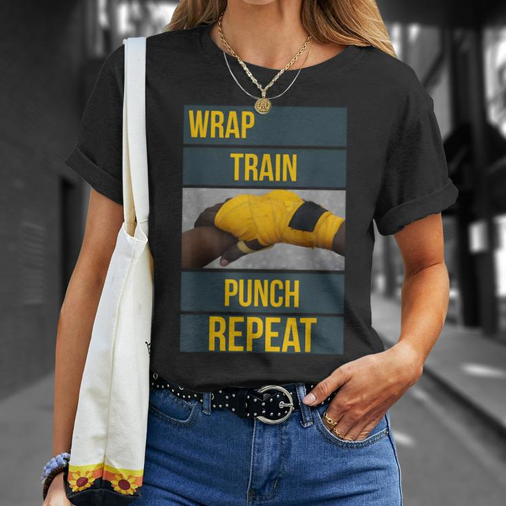 Punchy Graphics Wrap Train Punch Repeat Boxing Kickboxing Unisex T-Shirt Gifts for Her