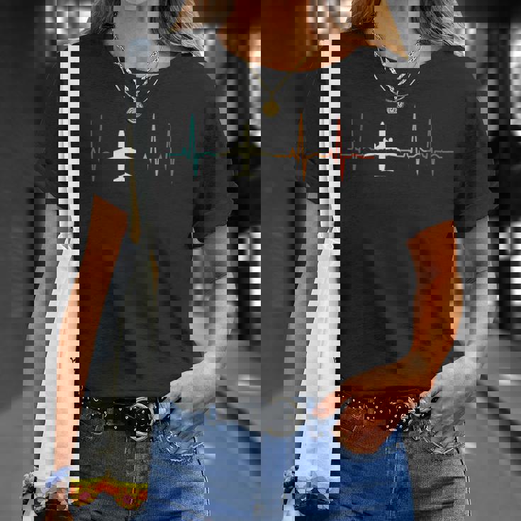 Retro Airplane Heartbeat Pilot Flying Cool Aviator Unisex T-Shirt Gifts for Her