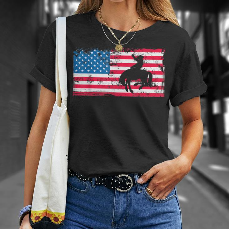 Retro American Flag Rodeo Bronc Horse Riding Cowboy Cowgirl Unisex T-Shirt Gifts for Her