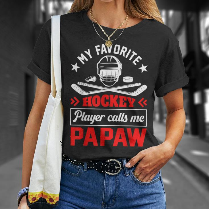 Retro My Favorite Hockey Player Calls Me Papaw Fathers Day Unisex T-Shirt Gifts for Her