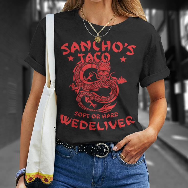 Sanchos Tacos Soft Or Hard We Deliver Apparel Unisex T-Shirt Gifts for Her