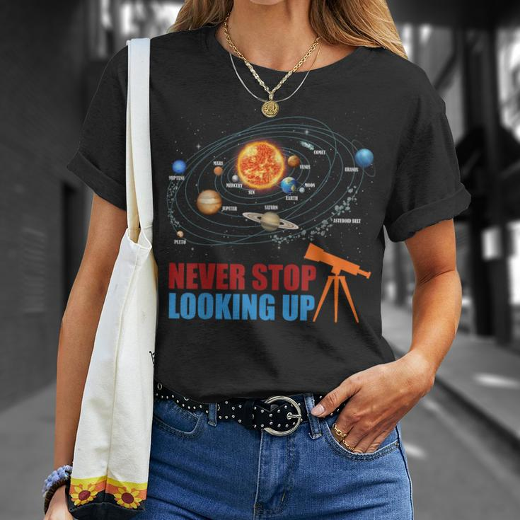 Solar System Planets Never Stop Looking Up Astronomy Boys Unisex T-Shirt Gifts for Her