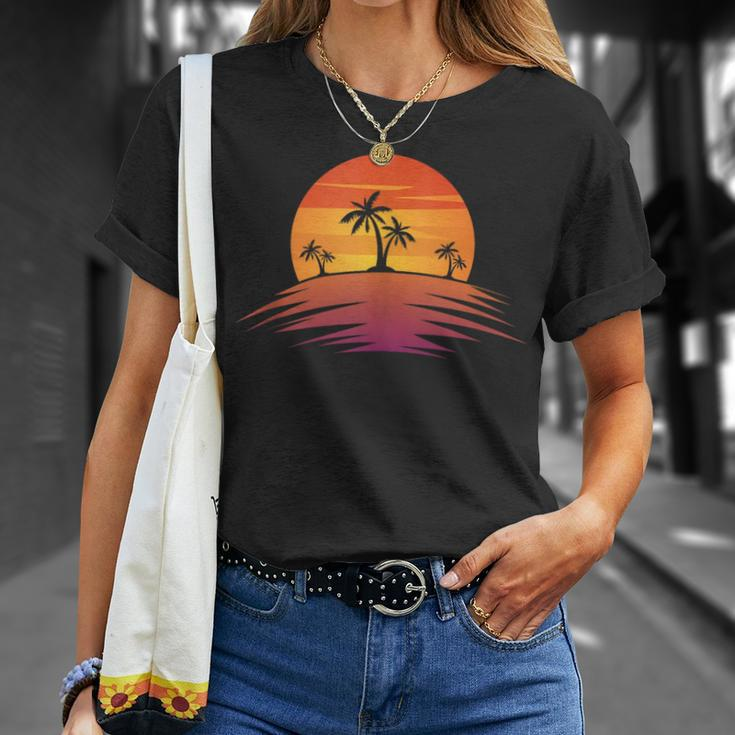 Sunset Beach Silhouette Tropical Palm Tree Sunny Lover Gift Unisex T-Shirt Gifts for Her