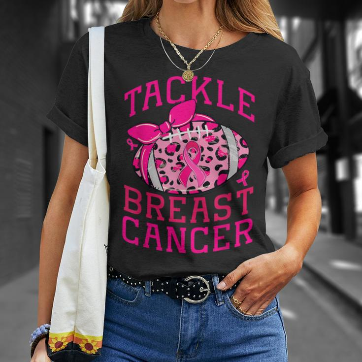Tackle Breast Cancer Awareness Football Pink Ribbon Leopard T-Shirt Gifts for Her