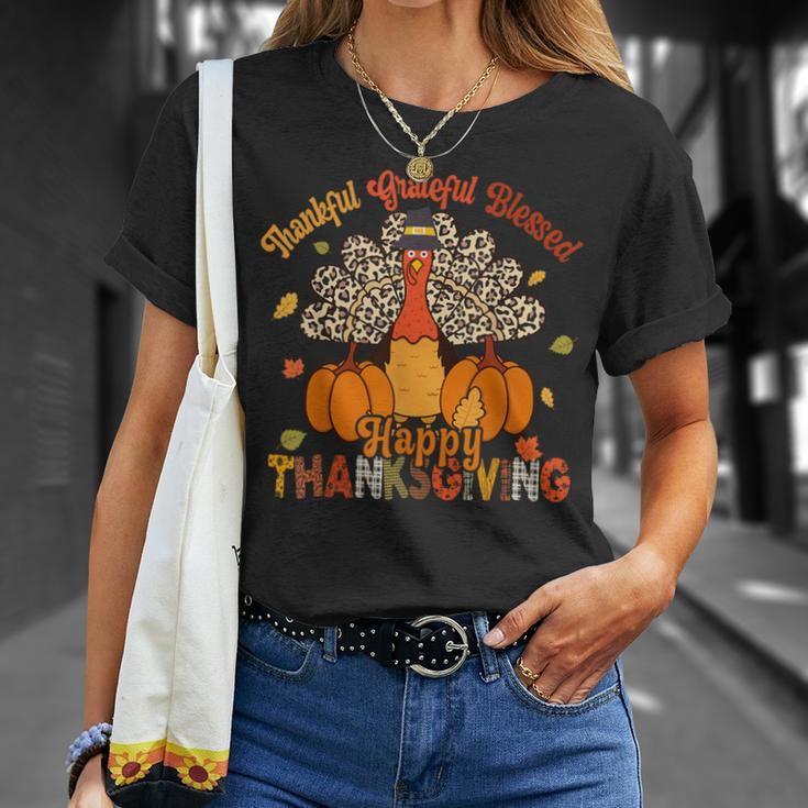 Thankful Grateful Blessed Thanksgiving Turkey Leopard Print T-Shirt Gifts for Her