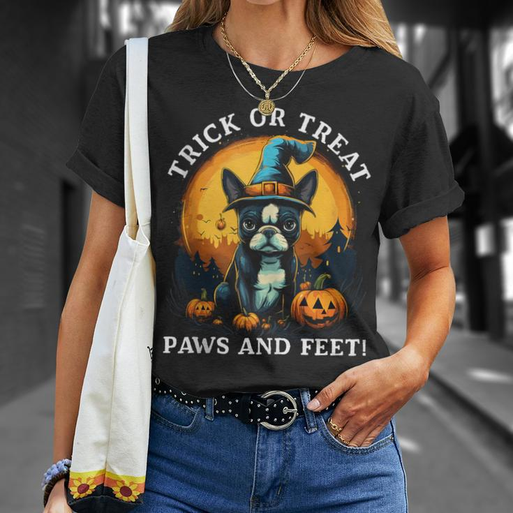 Trick Or Treat Paws And Feet Boston Terrier Halloween Puppy T-Shirt Gifts for Her