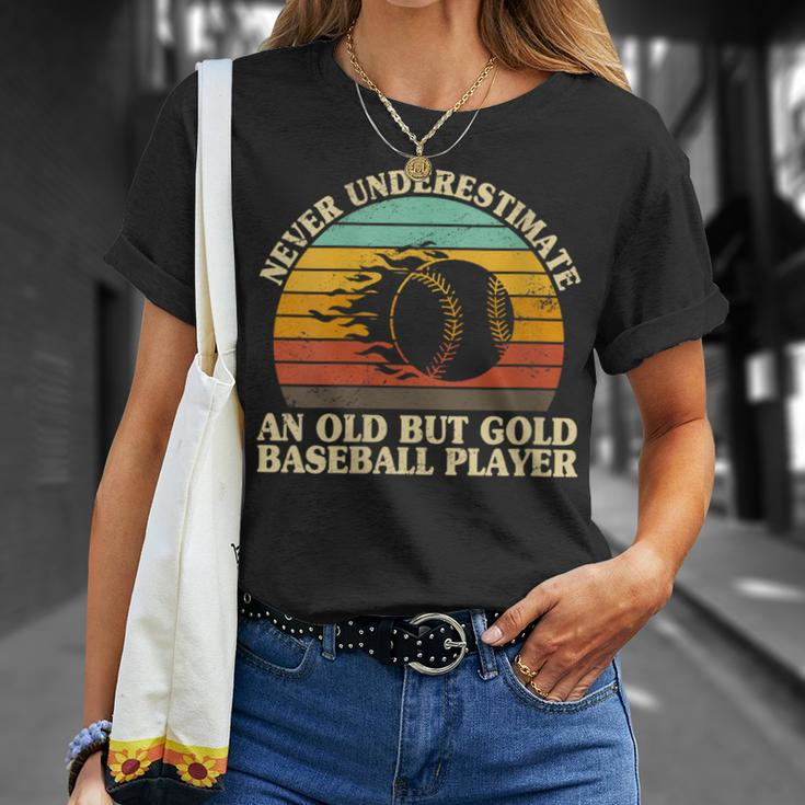 Never Underestimate An Old Baseball Player Pitcher Catcher T-Shirt Gifts for Her