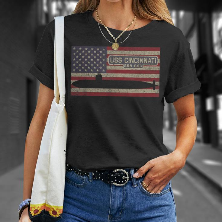Uss Cincinnati Ssn-693 Submarine Usa American Flag T-Shirt Gifts for Her