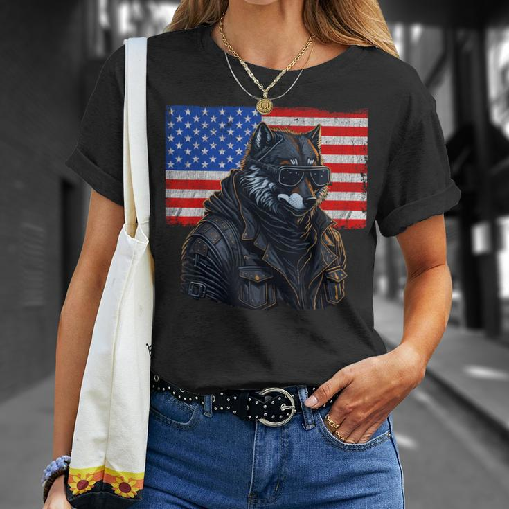 Vintage Patriotic Biker Wolf Shades Rustic American Flag Usa Unisex T-Shirt Gifts for Her