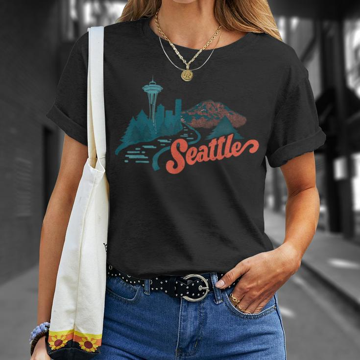Vintage Retro Seattle Skyline And Nature Landscape T-Shirt Gifts for Her