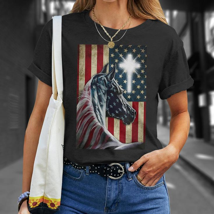 Western Cowboy Cowgirl Patriot Horse Jesus Cross Usa Flag Unisex T-Shirt Gifts for Her