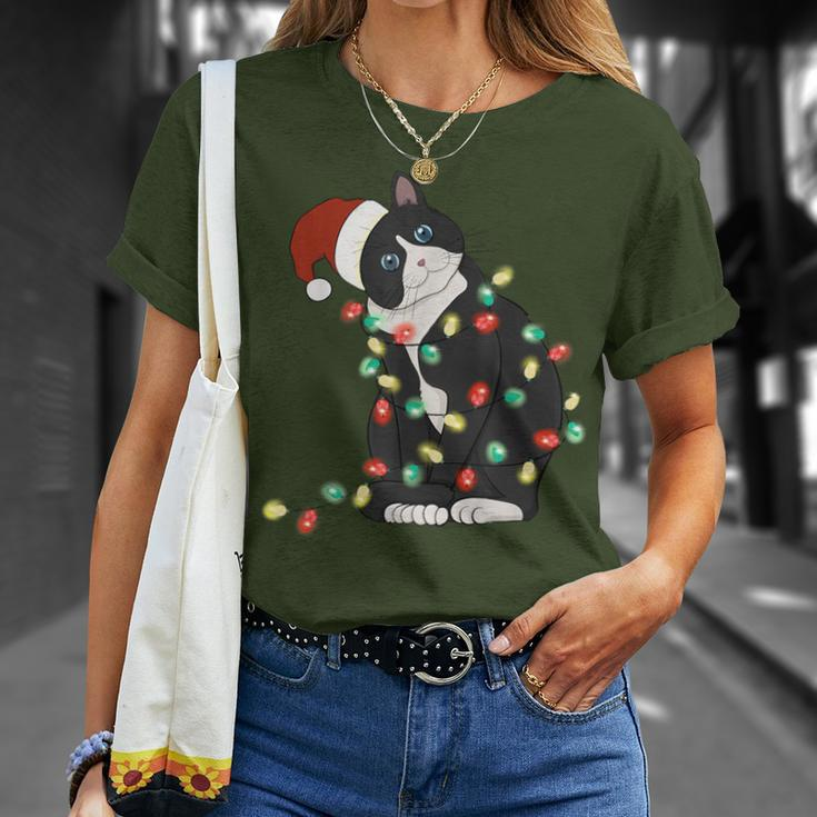 Black Cat Christmas Lights Cat Lover Xmas Pajama T-Shirt Gifts for Her
