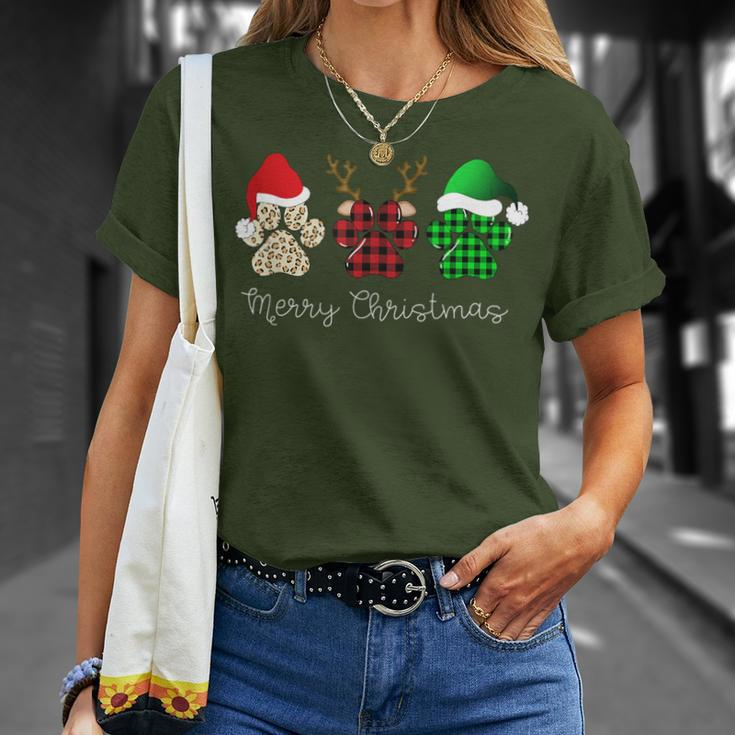 Buffalo Plaid Print Dog Paw Dog Lover Merry Christmas Party T-Shirt Gifts for Her