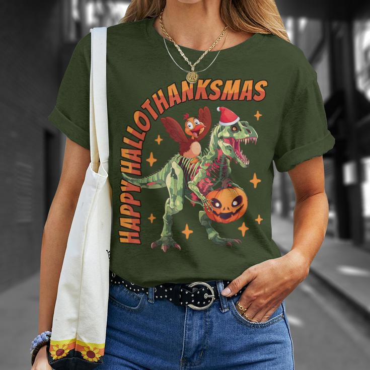 Happy Hallothanksmas T-Rex Halloween Thanksgiving Christmas T-Shirt Gifts for Her