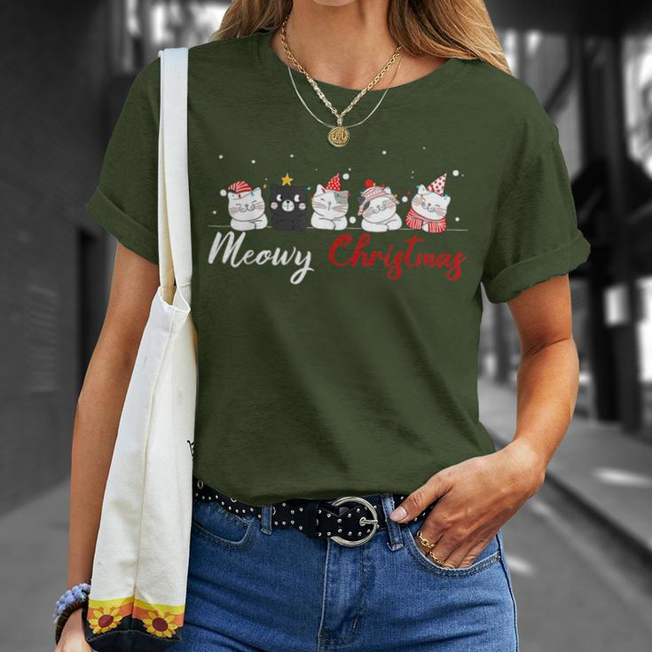 Meowy Catmas Santa Hat Xmas Cat Lover Christmas Lights T-Shirt Gifts for Her