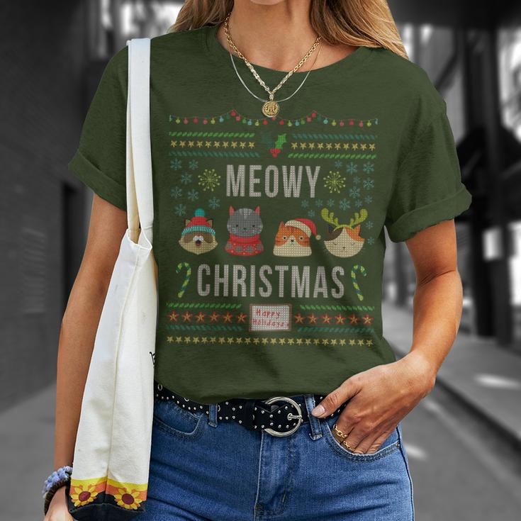 Meowy Christmas Cat Lover Tacky Ugly Christmas Party T-Shirt Gifts for Her