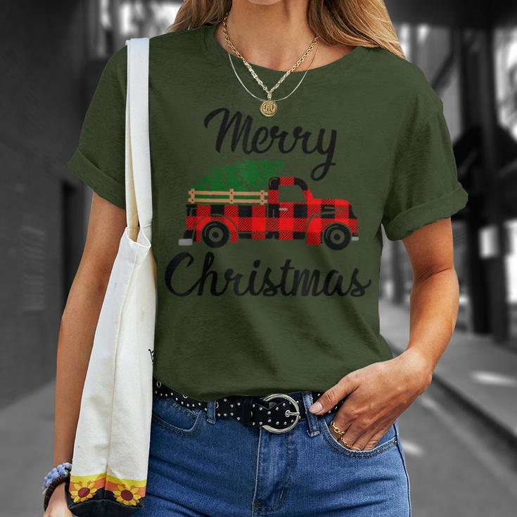 Merry Christmas Tree On Buffalo Plaid Truck T-Shirt Gifts for Her