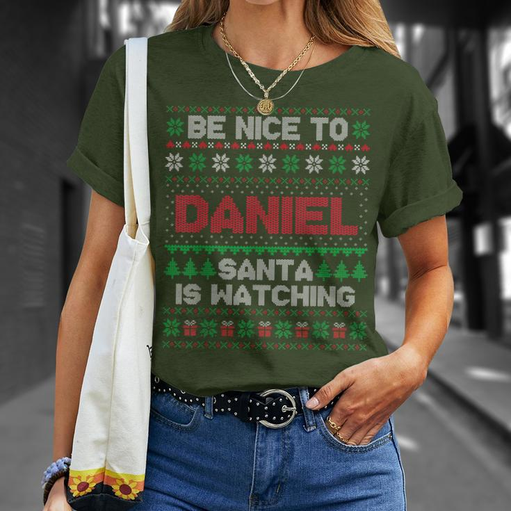 Be Nice To Daniel Santa Is Watching Daniel Ugly Sweater T-Shirt Gifts for Her