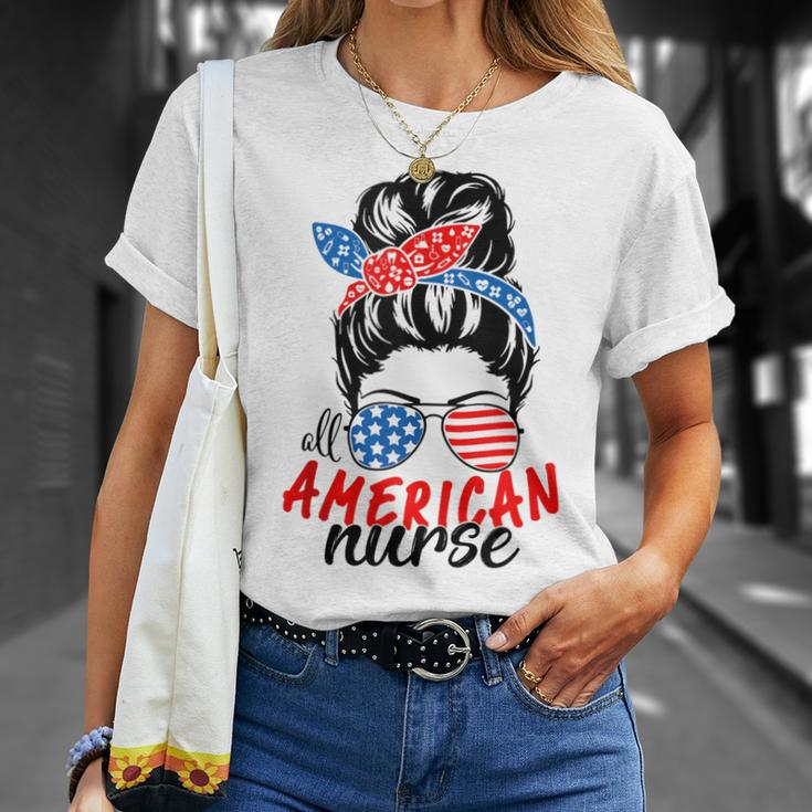 4Th Of July 2023 Messy Bun Mom Patriotic All-American Nurse Unisex T-Shirt Gifts for Her