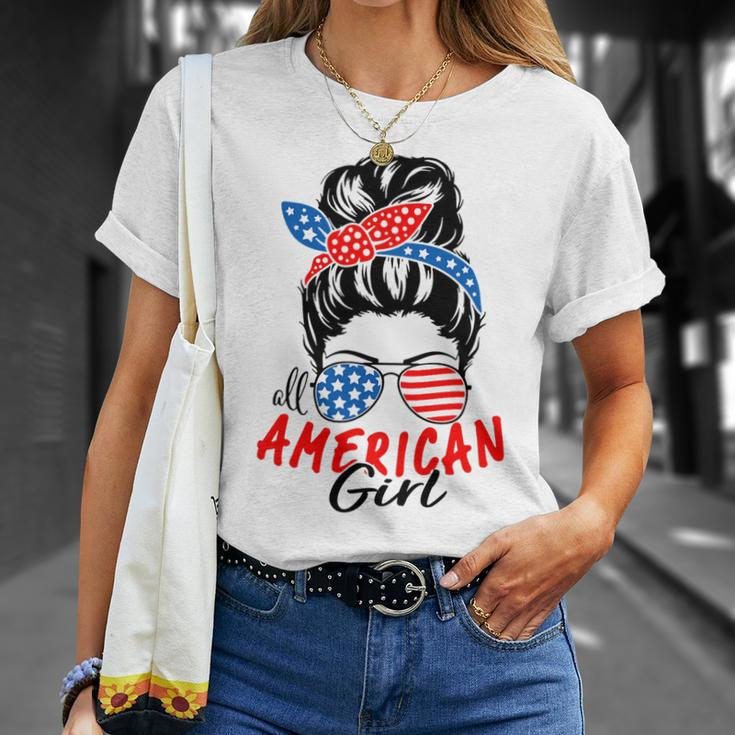 4Th Of July 2023 Messy Bun Patriotic All American Girl Gifts Unisex T-Shirt Gifts for Her