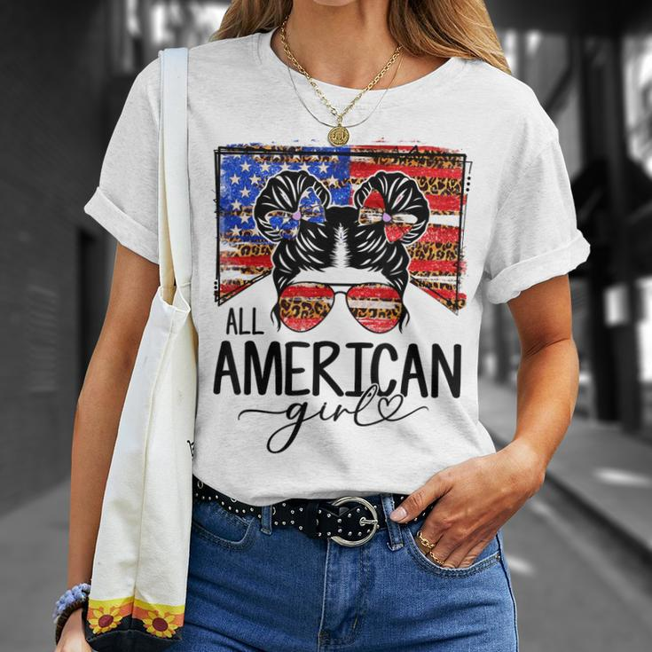 All American Girls 4Th Of July Messy Bun Leopard Patriotic Unisex T-Shirt Gifts for Her