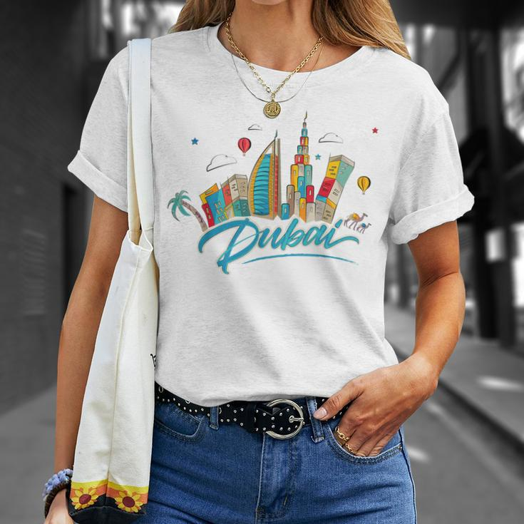 Dubai Skyline Souvenir Famous Buildings Typography T-Shirt Gifts for Her