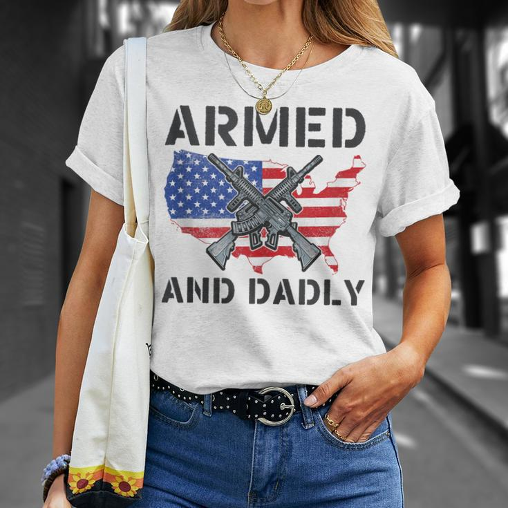 Funny Fathers Day Pun Us Flag Deadly Dad Armed And Dadly Unisex T-Shirt Gifts for Her