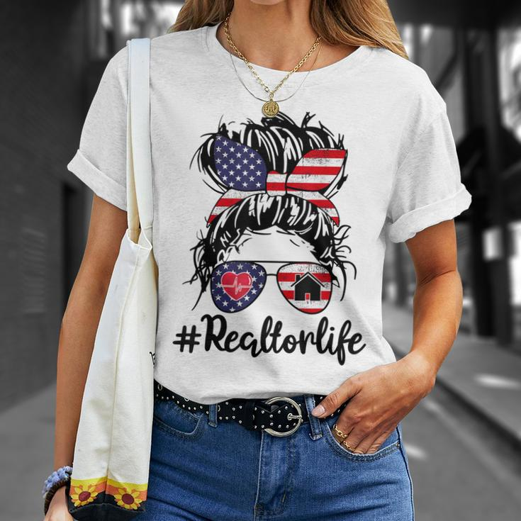 Happy July 4Th Day Real Estate Messy Buns Usa Flag Unisex T-Shirt Gifts for Her
