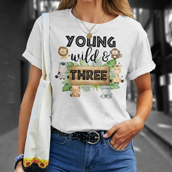Kids Young Wild Three Zoo Birthday Safari Jungle Animal 3 Yrs Old Unisex T-Shirt Gifts for Her